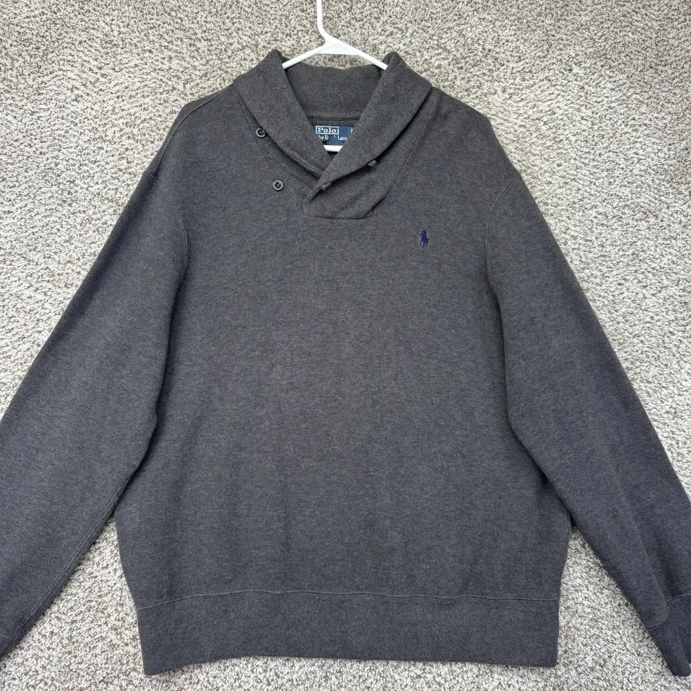 Polo Ralph Lauren Shawl Neck Sweater Men's Size XL Gray Pullover 100% Cotton
